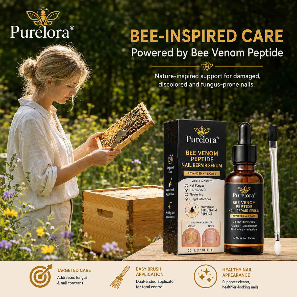 Purelora® Bee Venom Peptide Nail & Foot Repair Serum for nail fungus care, yellow nails, thick nails, and athlete’s foot recovery support.