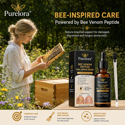 Purelora® Bee Venom Peptide Nail & Foot Repair Serum for nail fungus care, yellow nails, thick nails, and athlete’s foot recovery support.