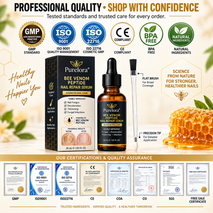 Purelora® Bee Venom Peptide Nail & Foot Repair Serum for nail fungus care, yellow nails, thick nails, and athlete’s foot recovery support.