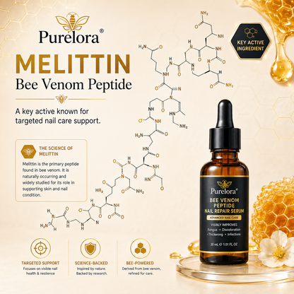 Purelora® Bee Venom Peptide Nail & Foot Repair Serum for nail fungus care, yellow nails, thick nails, and athlete’s foot recovery support.