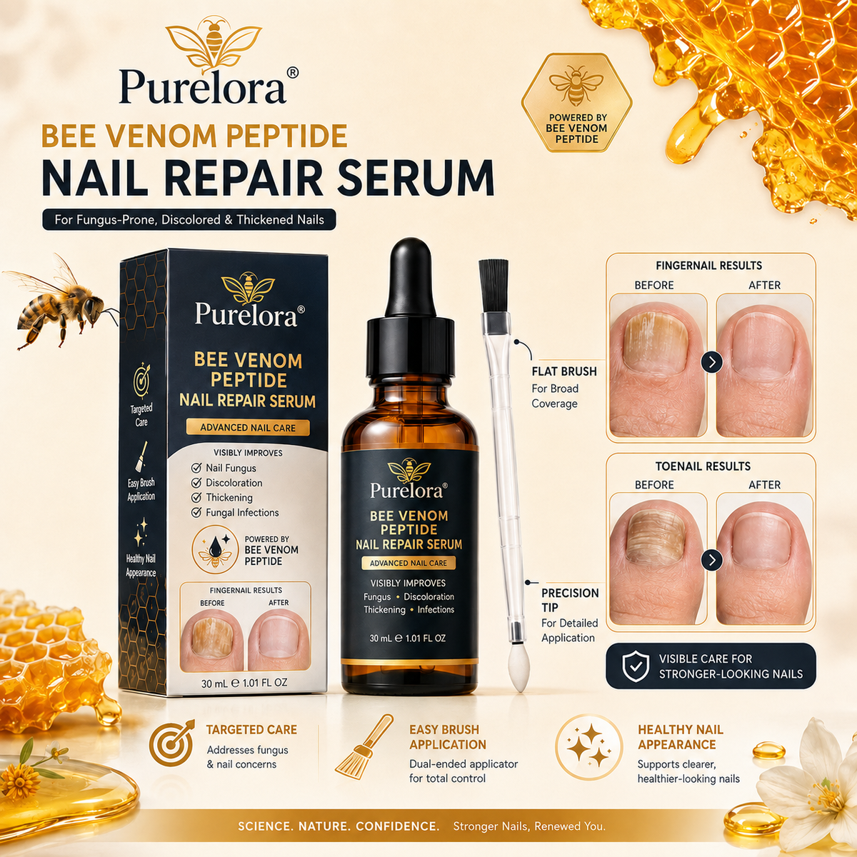 Purelora® Bee Venom Peptide Nail & Foot Repair Serum for nail fungus care, yellow nails, thick nails, and athlete’s foot recovery support.