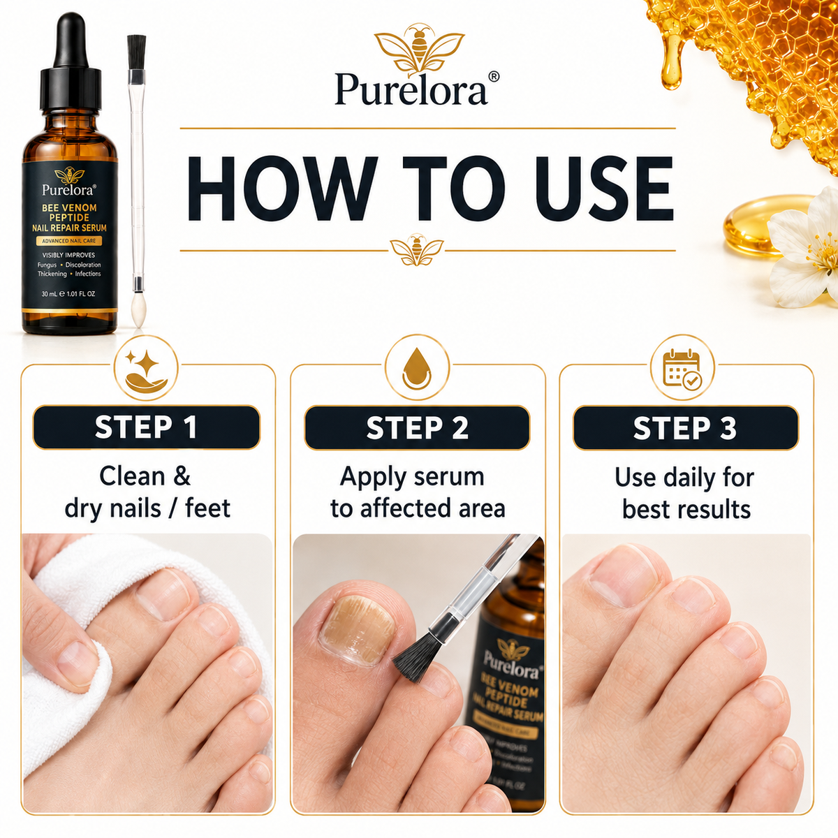 Purelora® Bee Venom Peptide Nail & Foot Repair Serum for nail fungus care, yellow nails, thick nails, and athlete’s foot recovery support.