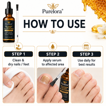 Purelora® Bee Venom Peptide Nail & Foot Repair Serum for nail fungus care, yellow nails, thick nails, and athlete’s foot recovery support.