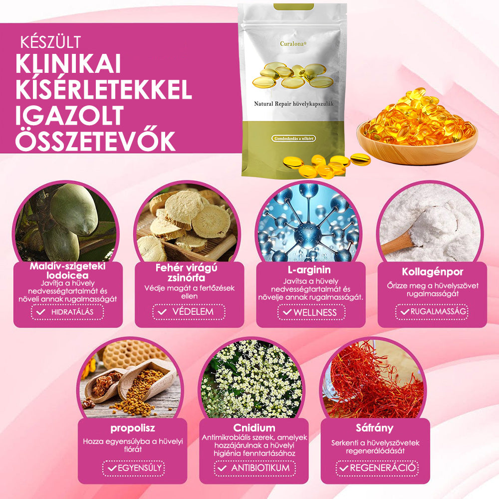 Curalona® Azonnali viszketéscsillapító és méregtelenítő, karcsúsító és feszesítő bőrregeneráló, rózsaszín és gyengéd természetes kapszulák PRO