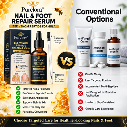 Purelora® Bee Venom Peptide Nail & Foot Repair Serum for nail fungus care, yellow nails, thick nails, and athlete’s foot recovery support.
