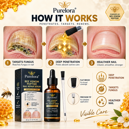 Purelora® Bee Venom Peptide Nail & Foot Repair Serum for nail fungus care, yellow nails, thick nails, and athlete’s foot recovery support.