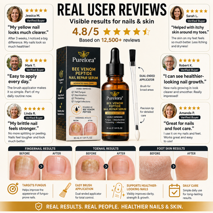 Purelora® Bee Venom Peptide Nail & Foot Repair Serum for nail fungus care, yellow nails, thick nails, and athlete’s foot recovery support.